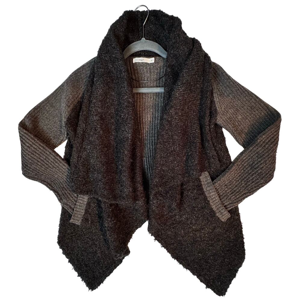 Hazel Wool Blend Cardigan Sweater Charcoal Open Waterfall Boucle Ribbed S